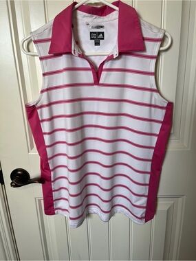 adidas White and Pink Sleeveless Striped Polo Tank